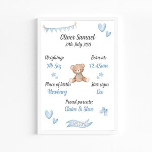 Personalised New Baby Print, New Baby Boy Print, Birth Details Gift, Christening Baptism Gift, Keepsake Print, Baby Present, Birth Stats