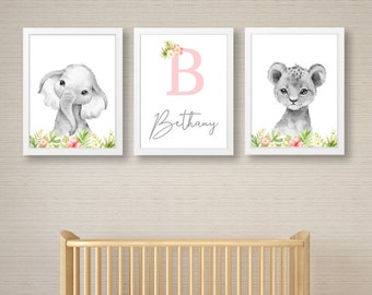 Personalised Jungle Animals Print , Set of Nursery Prints , Nursery Decor , Safari Animals , Nursery Wall Art , Girls Nursery