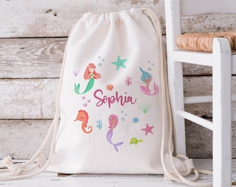 Personalised Mermaid Drawstring Bag, Kids School Bag, Personalised Gym Bag, Swimming Bag, Back to School, PE Bag, Nursery Bag