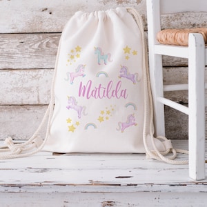 Personalised Unicorn Drawstring Bag, Kids School Bag, Personalised Gym Bag, Swimming Bag, Back to School, PE Bag, Nursery Bag