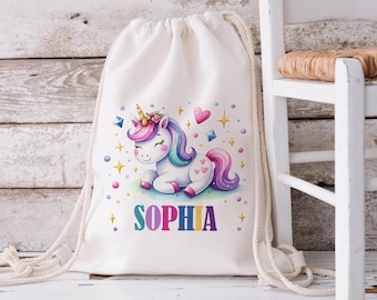Personalised Unicorn Drawstring Bag, Kids School Bag, Personalised Gym Bag, Swimming Bag, Back to School, PE Bag, Nursery Bag