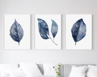 Botanical Print, Blue Leaf Wall Art, Blue Leaves Print, Botanical Art, Leaf Art, Room Decor, Set of 3 Prints, Decor, Home Decor, Home Office