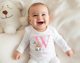 Personalised Pink Rabbit Baby Sleepsuit Bodysuit Vest Bib, New Baby Girl Gift, Coming Home Gift, Baby Announcement