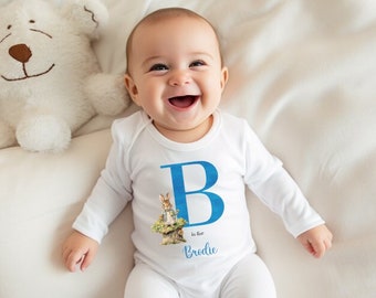 Personalised Blue Rabbit Baby Sleepsuit Bodysuit Vest Bib, New Baby Boy Gift, Coming Home Gift, Baby Announcement