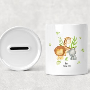 Children&#39;s Kid&#39;s Personalised Ceramic Money Box, Custom Jungle Safari Animal, New Baby Present, Christening Birthday Christmas Gift