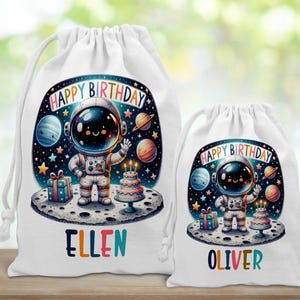 Personalised Children&#39;s Birthday Gift Bag, Space Birthday Gift, Kids Birthday Present Bag, Drawstring Bag