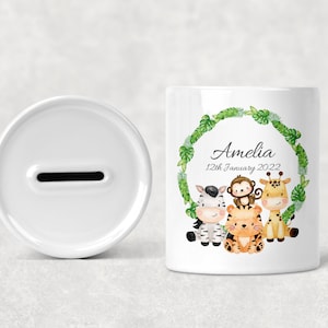 Children&#39;s Kid&#39;s Personalised Ceramic Money Box, Custom Jungle Safari Animal, New Baby Present, Christening Birthday Christmas Gift