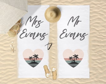 Personalised Honeymoon Wedding Beach Towels, Mr & Mrs, His and Hers, Newleywed Gift, Wedding Gift, Set of Two, Anniversary Gift