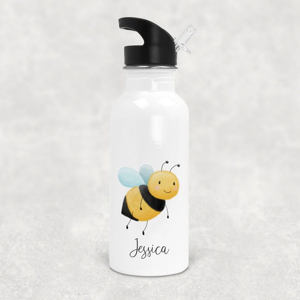 Personalised Bumble Bee Water Drinks Bottle , Aluminium Metal Water Drinking Bottle With Straw , Kids Childrens Girls , Personalised Name