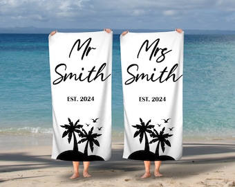 Personalised Honeymoon Wedding Beach Towels, Mr & Mrs, His and Hers, Newleywed Gift, Wedding Gift, Set of Two, Anniversary Gift