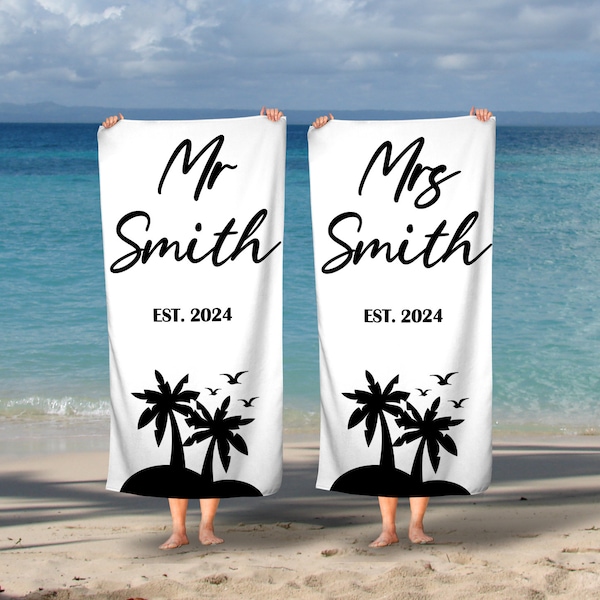 Personalised Honeymoon Wedding Beach Towels, Mr & Mrs, His and Hers, Newleywed Gift, Wedding Gift, Set of Two, Anniversary Gift