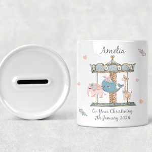 Personalised Christening Baptism Ceramic Money Box, New Baby Present, Christening Birthday Gift, Personalised Christening Gift, Carousel