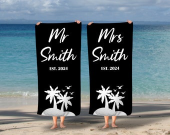 Honeymoon Wedding Beach Towels, Hubby, Wifey, Mr & Mrs, His and Hers, Newleywed Gift, Wedding Gift, Set of Two, Anniversary Gift