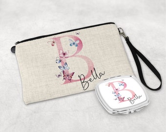 Personalised Make Up Cosmetic Bag Pouch, Compact Mirror, Handbag Mirror, Gift for Her, Birthday, Mother's Day, Bridesmaid, Christmas,