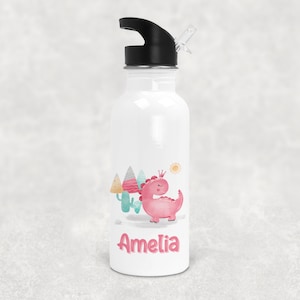 Personalised Pink Dinosaur Bottle , Aluminium Metal Water Drinking Bottle With Straw , Dinosaur Gift , Back to School ,  Drinks Bottle