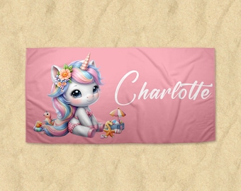 Personalised Kids Children's Unicorn Beach Towel, Pool Towel, Custom Swim Towel, Holiday Towel, Custom Beach Towel, Kids Swim Towel Pink