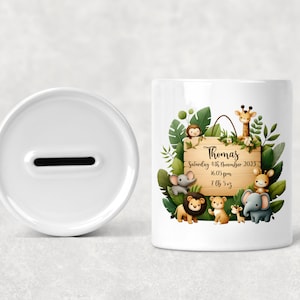 Children&#39;s Kid&#39;s Personalised Ceramic Money Box, Custom Jungle Safari Animal, New Baby Present, Christening Birthday Christmas Gift
