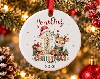Personalised Baby's First Christmas 2026 Ceramic Decoration, Baby First Christmas Bauble, New Baby Keepsake Gift