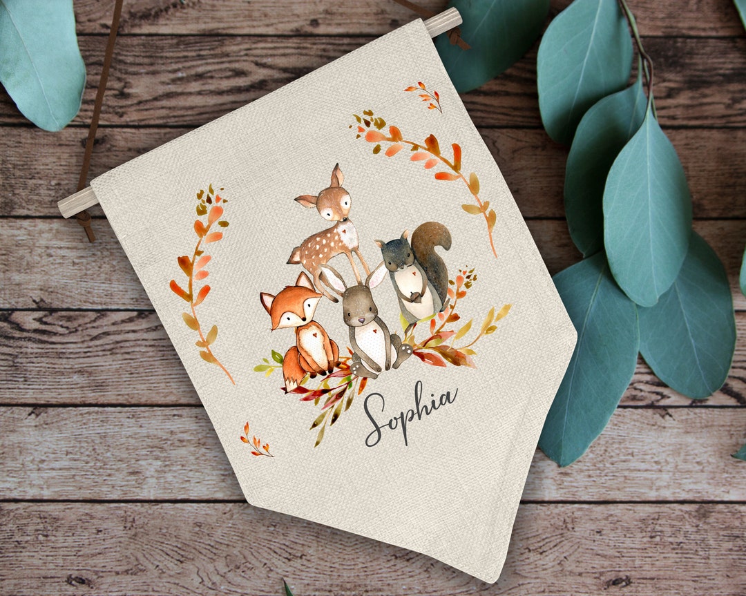 Personalised Woodland Animal Flag, Pennant Flag, Linen Flag, Woodland ...
