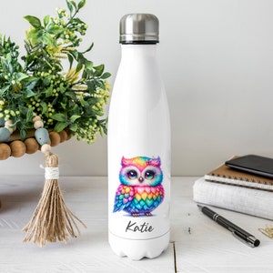 Personalised Owl Water Bottle, Owl Gift , Personalised Name ,  Drinks Bottle , Bowling Pin Bottle - Drinks Flask Teacher Gift