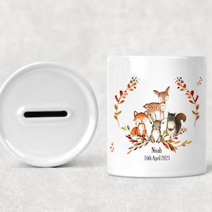 Children&#39;s Kid&#39;s Personalised Ceramic Money Box, Custom Woodland Animal Money Box, New Baby Present, Christening Birthday Christmas Gift