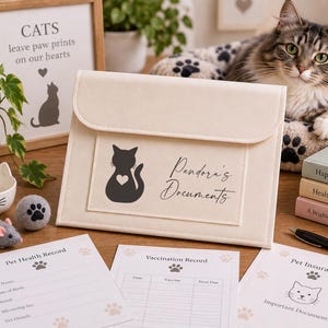 May include: A cream-colored document folder with a flap closure, featuring a black cat silhouette and the text "Pandora's Documents" printed on the front. The folder is accompanied by three white paper forms labeled Pet Health Record, Vaccination Record, and Pet Insurance.