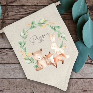 Personalised Woodland Animal Flag, Pennant Flag, Linen Flag, Woodland Animal Nursery Decor, Wall Decor, New Baby Sign, Personalised Keepsake