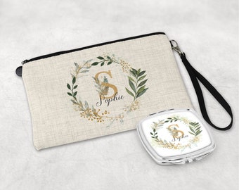 Personalised Make Up Cosmetic Bag Pouch, Compact Mirror, Handbag Mirror, Gift for Her, Birthday, Mother&#39;s Day, Bridesmaid, Christmas