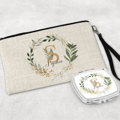 Personalised Make Up Cosmetic Bag Pouch, Compact Mirror, Handbag Mirror, Gift for Her, Birthday, Mother's Day, Bridesmaid, Christmas