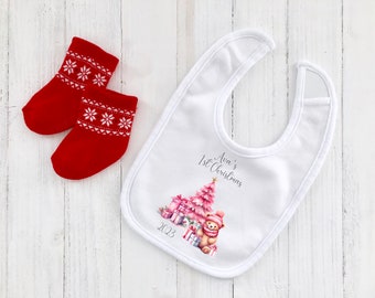 Personalised Baby Bib, Pink First Christmas Dinner Bib, Bandana Bib, New Baby Present, Christmas Gift, Personalised Baby Gift