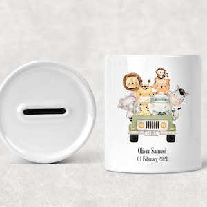 Children&#39;s Kid&#39;s Personalised Ceramic Money Box, Custom Jungle Safari Animal, New Baby Present, Christening Birthday Christmas Gift