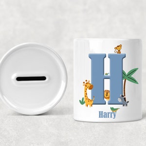 Children&#39;s Kid&#39;s Personalised Ceramic Money Box, Custom Jungle Safari Animal, New Baby Present, Christening Birthday Christmas Gift