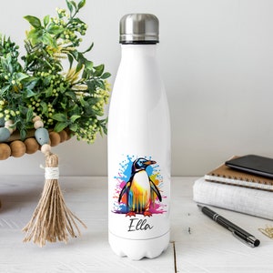Personalised Penguin Water Bottle, Penguin Gift, Personalised Name, Drinks Flask Bottle, Bowling Pin, Flask, Christmas Teacher Gift