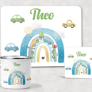 Personalised Cars Placemat and Enamel Mug and Coaster Set, Boys Girls Birthday, Transport Mug Coaster Set, Breakfast Set