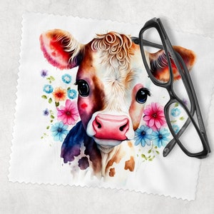 May include: A watercolor painting of a brown and white cow with pink nose and large brown eyes. The cow is surrounded by colorful flowers, including pink, blue, and purple.
