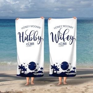 Honeymoon Wedding Beach Towels, Hubby, Wifey, Mr & Mrs, His and Hers, Newleywed Gift, Wedding Gift, Set of Two, Anniversary Gift