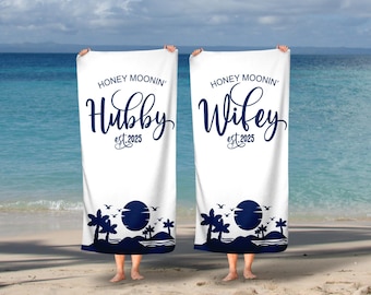 Honeymoon Wedding Beach Towels, Hubby, Wifey, Mr & Mrs, His and Hers, Newleywed Gift, Wedding Gift, Set of Two, Anniversary Gift