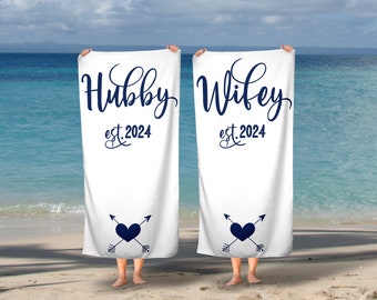 Honeymoon Wedding Beach Towels, Mr & Mrs, Hubby and Wifey, His and Hers, Newleywed Gift, Wedding Gift, Set of Two, Anniversary Gift