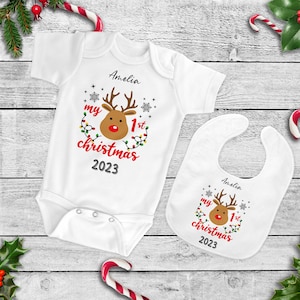 Personalised Baby Vest Bib Sleepsuit Bodysuit, First Christmas Dinner Bib, Bandana Bib, Personalised New Baby Gift Present, Christmas Gift