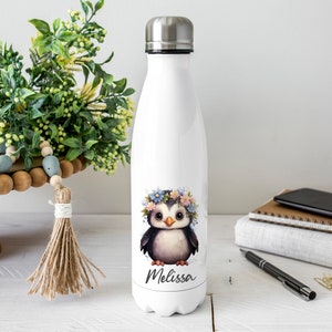 Personalised Penguin Water Bottle, Penguin Gift, Personalised Name, Drinks Flask Bottle, Bowling Pin, Flask, Christmas Teacher Gift
