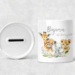 Children&#39;s Kid&#39;s Personalised Ceramic Money Box, Custom Jungle Safari Animal, New Baby Present, Christening Birthday Christmas Gift