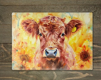 Glass Highland Cow Chopping Cutting Board, Worktop Saver, Tempered, Baking Kitchen, Gift for Her, Grandma, Nanny, Mum, Friend, Kitchen Decor