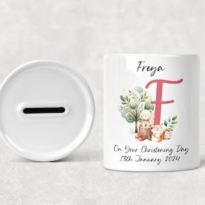 Personalised Christening Baptism Ceramic Money Box, New Baby Present, Christening Birthday Christmas Gift, Woodland Animals Money Box