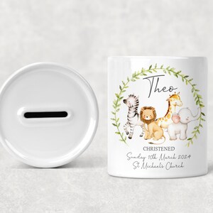 Personalised Christening Baptism Ceramic Money Box, New Baby Present, Christening Birthday Christmas Gift, Safari Jungle Animals Gift