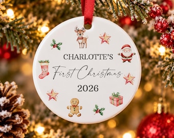 Personalised Baby's First Christmas 2026 Ceramic Decoration, Baby First Christmas Bauble, New Baby Keepsake Gift