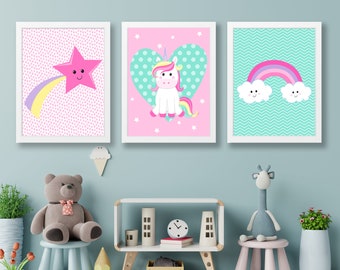 Set of Unicorn Prints ,  Girls Wall Art , Unicorn Room Decor , Set of 3 , Unicorn Art Set , Nursery Decor - Girls Bedroom Wall Art