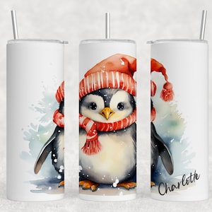 Personalised Penguin Drinks Tumbler, Tumbler with Straw,  Gift, 20oz Personalised Name, Drinks Flask Bottle, Bowling Pin, Flask, Christmas