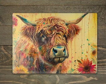 Glass Highland Cow Chopping Cutting Board, Worktop Saver, Tempered, Baking Kitchen, Gift for Her, Grandma, Nanny, Mum, Friend, Kitchen Decor