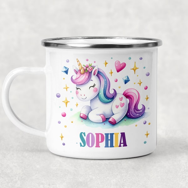 Personalised Unicorn Camping Mug , Kids Enamel Mug , Picnics , Kids Garden Mug , Metal Cup , Childrens Mug - Outdoor Mug - Kids Cup