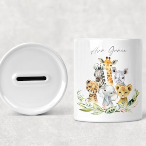 Children&#39;s Kid&#39;s Personalised Ceramic Money Box, Custom Jungle Safari Animal, New Baby Present, Christening Birthday Christmas Gift